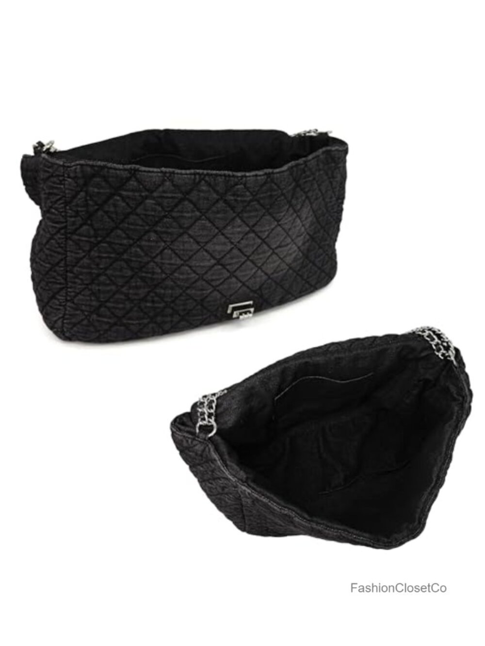 Extra Large Quilted Denim Hobo Bag with Chain Straps and Flap Closure for Travel - Picture 4 of 6